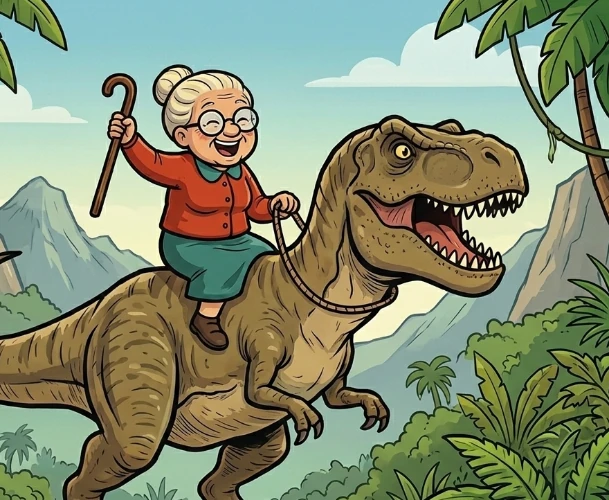Die Turbo-Oma reitet mit Gehstock durch den Dschungel — auf einem T-Rex.