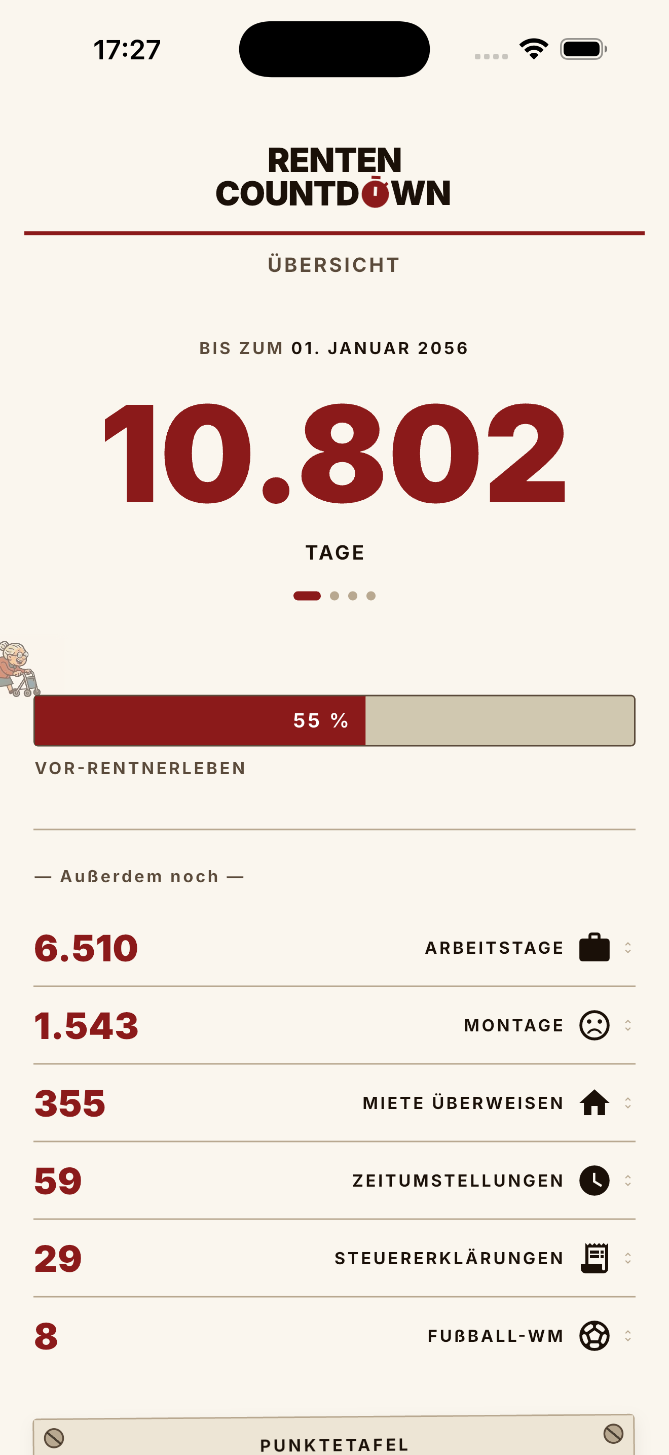 Der Countdown-Screen der App: bis zum 01. Januar 2056 noch 10.802 Tage, darunter Arbeitstage, Montage und Steuererklärungen.